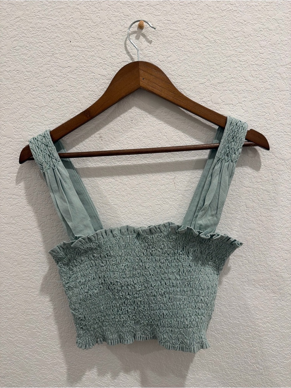 Mirth mint green smocked texture ruffled square neckline crop tank top